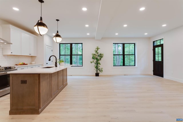 kitchen featuring light wood finished floors, electric range, a sink, and tasteful backsplash