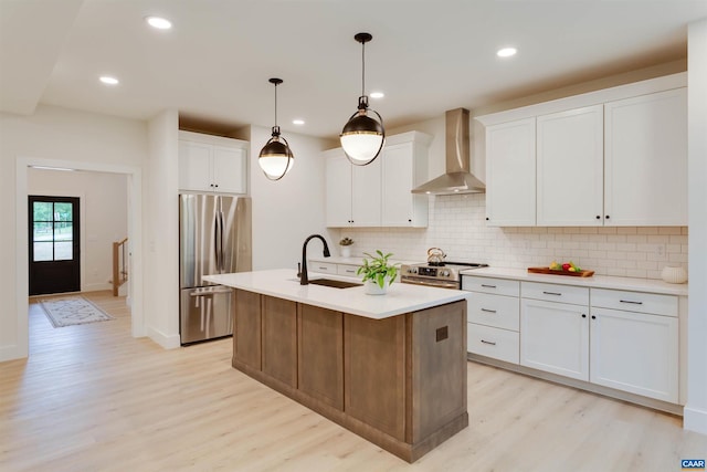 kitchen featuring stainless steel appliances, a sink, wall chimney exhaust hood, and tasteful backsplash