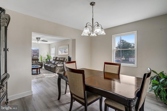 dining room with a chandelier, wood finished floors, and baseboards