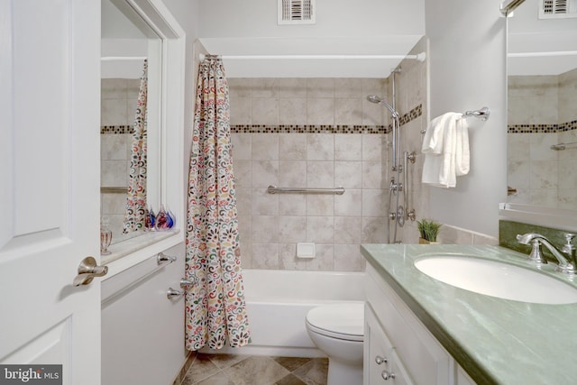 full bath with shower / bath combination with curtain, visible vents, vanity, and toilet