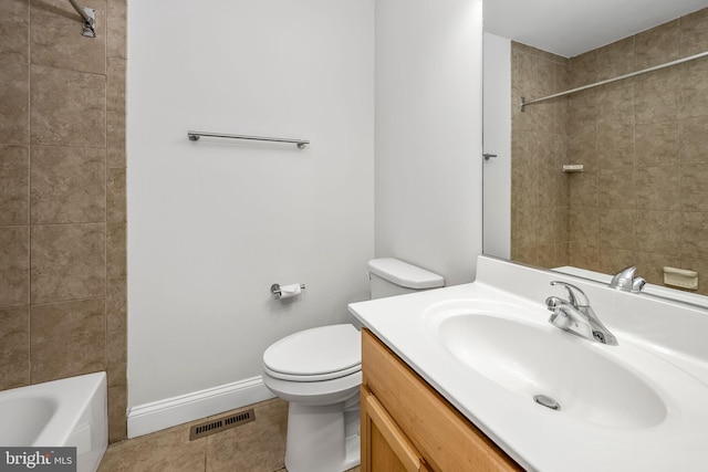 bathroom with visible vents, toilet, tile patterned flooring, baseboards, and vanity