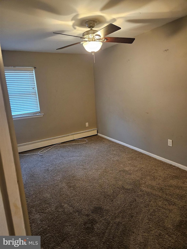 unfurnished room with a baseboard radiator, baseboards, ceiling fan, and carpet flooring