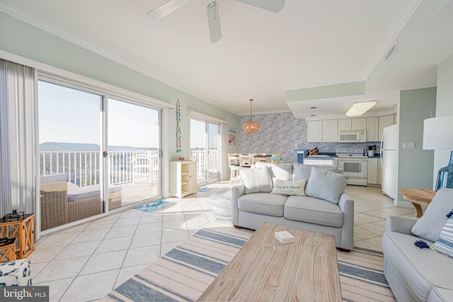 103 125th St Unit 30300, Ocean City, MD 21842 - living area featuring a ceiling fan, visible vents, crown molding, and light tile patterned floors