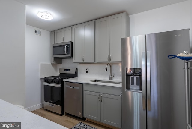 kitchen with visible vents, appliances with stainless steel finishes, light countertops, gray cabinetry, and a sink