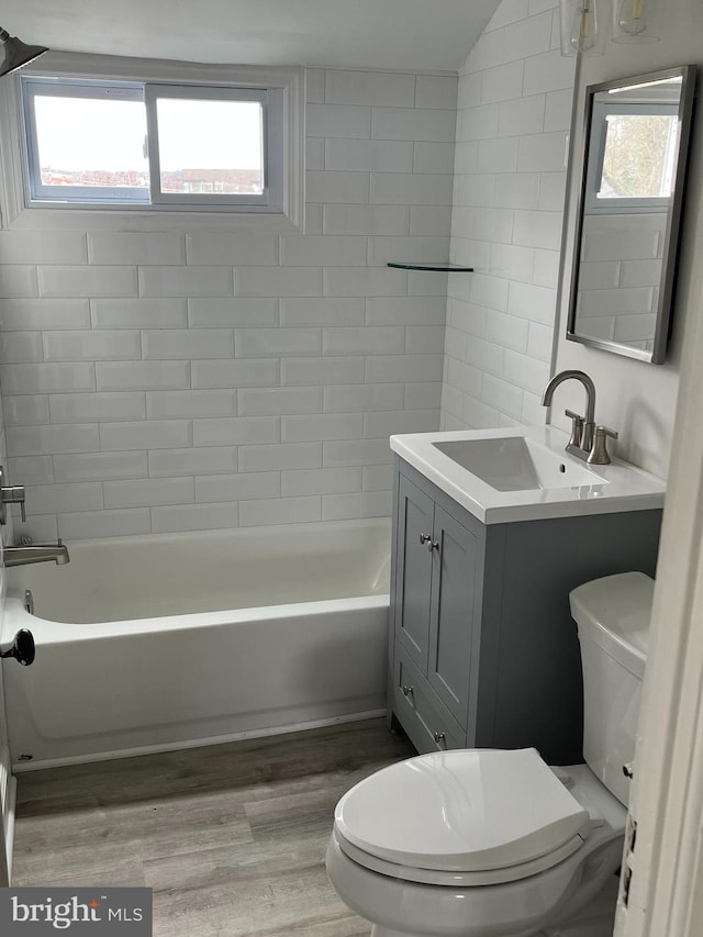 bathroom with vanity, plenty of natural light, wood finished floors, and toilet