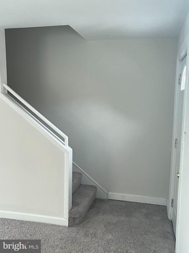 staircase with carpet flooring and baseboards