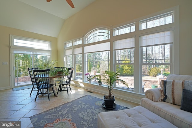 sunroom with lofted ceiling, ceiling fan, and visible vents