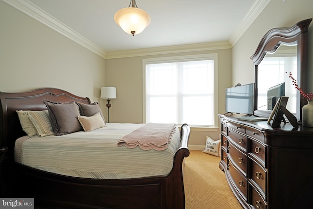 bedroom with light carpet, baseboards, and crown molding