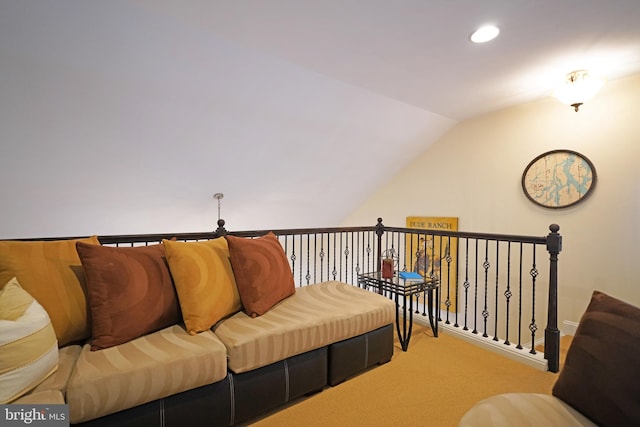 interior space with recessed lighting, carpet flooring, and vaulted ceiling