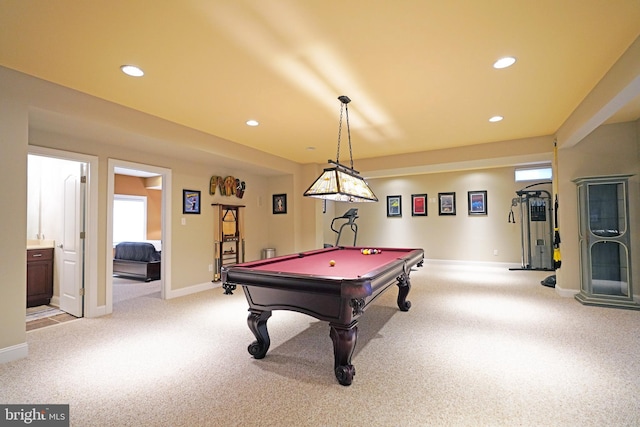 game room with baseboards, carpet, billiards, and recessed lighting