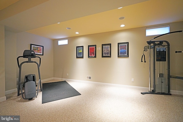 workout area featuring recessed lighting, carpet flooring, visible vents, and baseboards