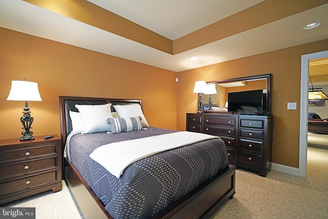 bedroom featuring recessed lighting, baseboards, and light colored carpet