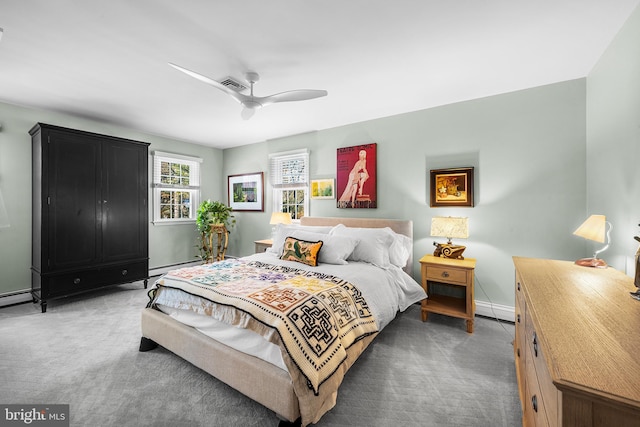 bedroom featuring a ceiling fan, light colored carpet, visible vents, and baseboards