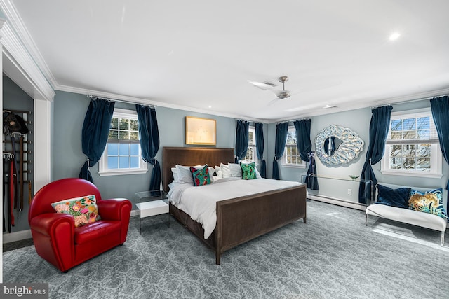 carpeted bedroom featuring baseboards, a baseboard radiator, visible vents, and crown molding