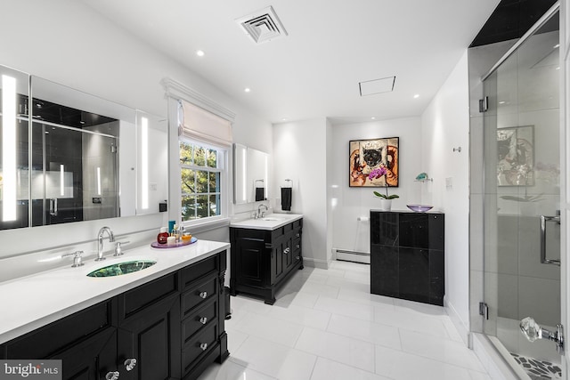 bathroom featuring a baseboard radiator, two vanities, visible vents, a sink, and a shower stall