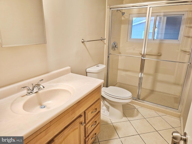 bathroom with vanity, tile patterned flooring, a shower stall, and toilet