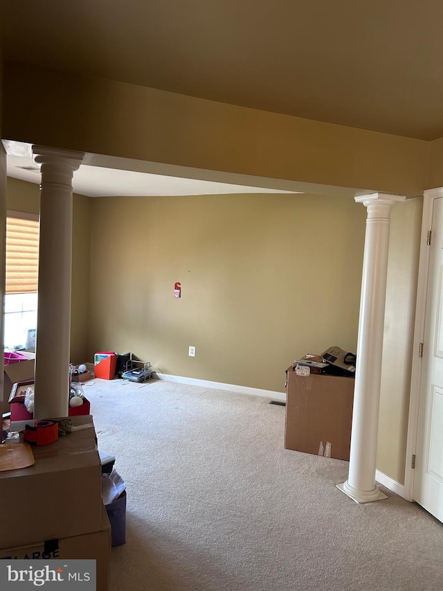 playroom with carpet flooring, decorative columns, and baseboards