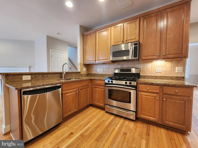 kitchen with tasteful backsplash, a peninsula, stainless steel appliances, light wood-style floors, and a sink