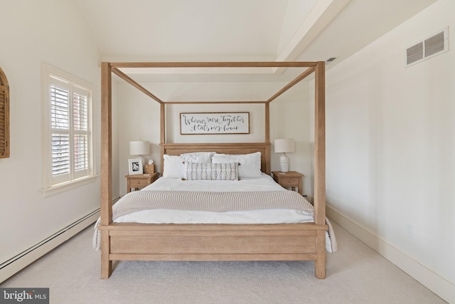 carpeted bedroom featuring a baseboard radiator, visible vents, and baseboards