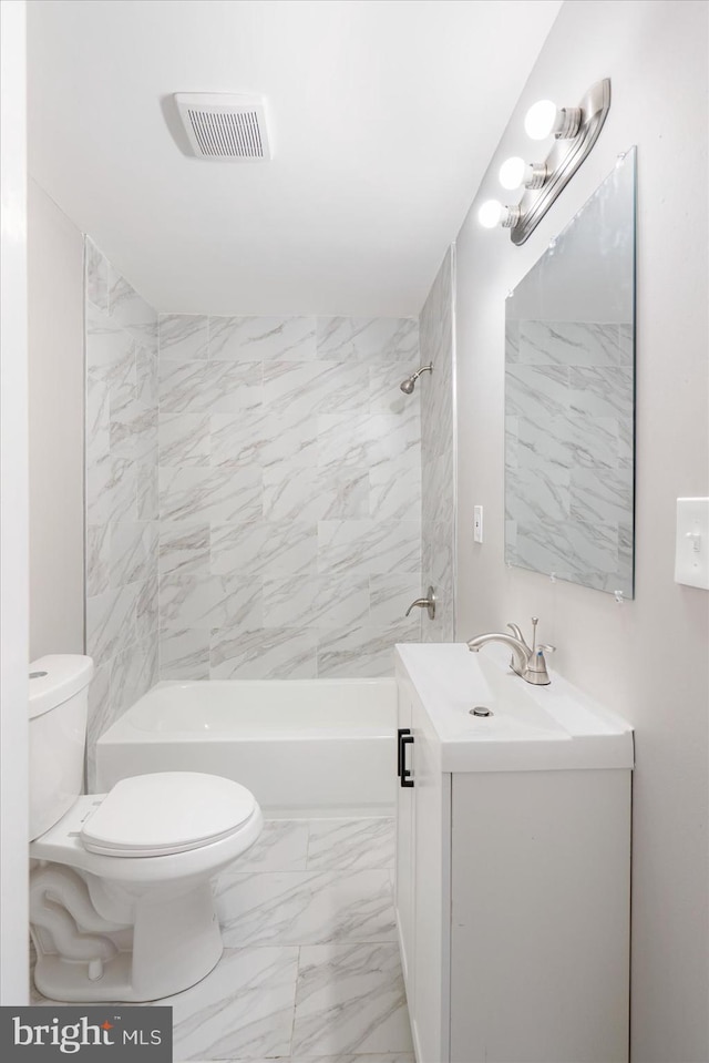 bathroom featuring shower / bathtub combination, toilet, vanity, visible vents, and marble finish floor