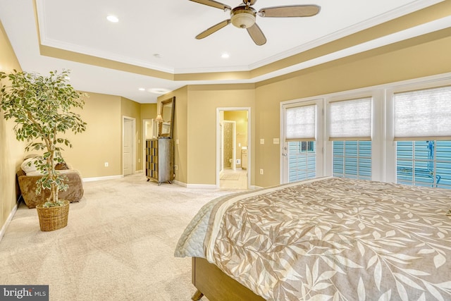 carpeted bedroom with baseboards, ornamental molding, a raised ceiling, and recessed lighting