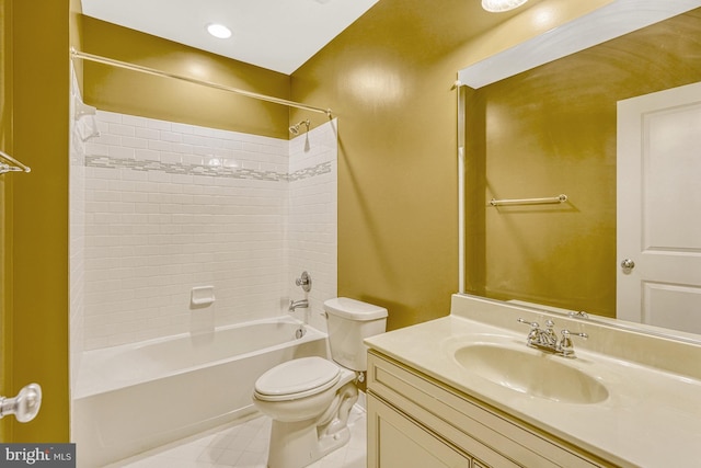 full bathroom with washtub / shower combination, tile patterned flooring, vanity, and toilet