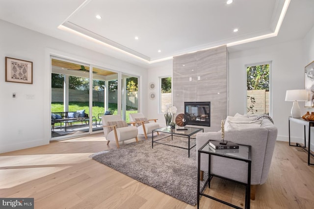 living room featuring a wealth of natural light and a raised ceiling