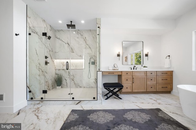 full bathroom with recessed lighting, vanity, marble finish floor, a soaking tub, and a marble finish shower