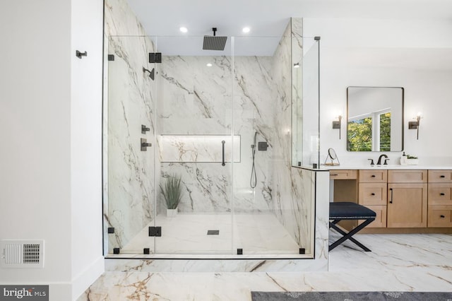 bathroom with marble finish floor, visible vents, vanity, and a marble finish shower