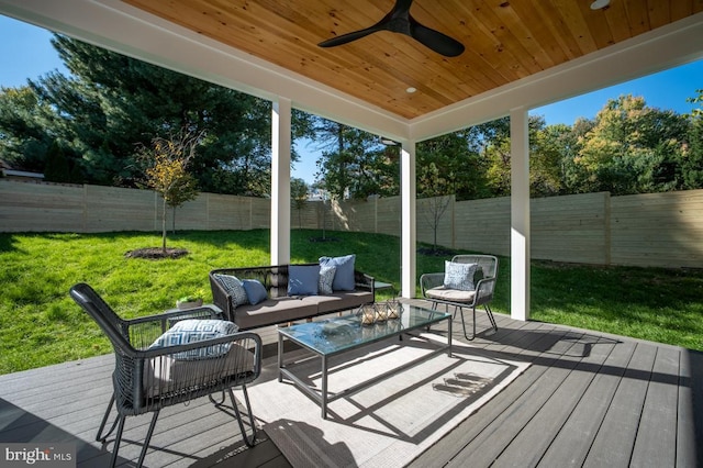 sunroom / solarium featuring a healthy amount of sunlight, wood ceiling, and a ceiling fan