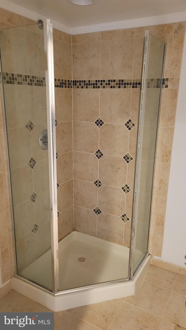 bathroom featuring tile patterned flooring and a shower stall