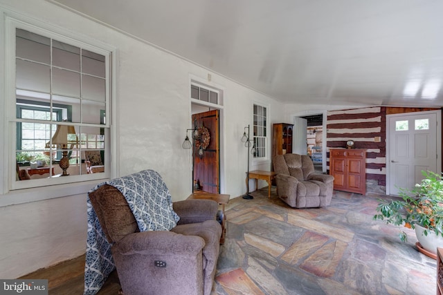 living room with stone finish floor