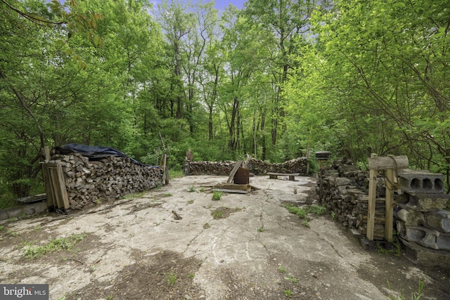 view of patio with a view of trees