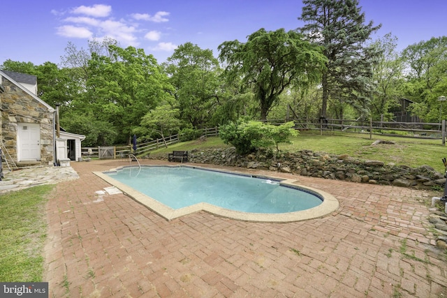 view of swimming pool featuring a fenced backyard, a fenced in pool, and a patio