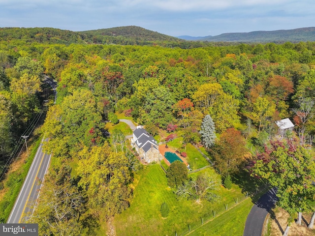 bird's eye view with a mountain view and a view of trees