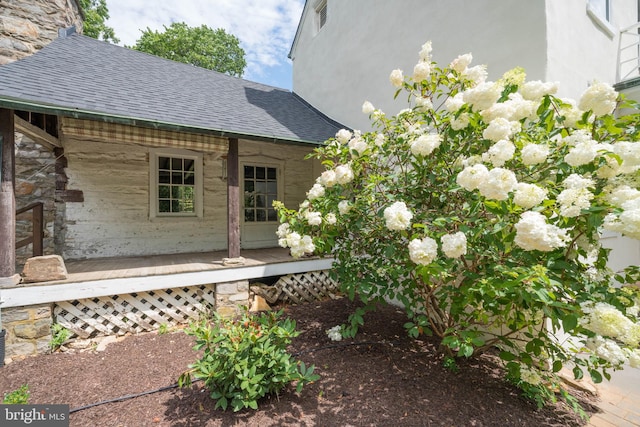 exterior space with a shingled roof