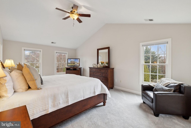 bedroom featuring baseboards, visible vents, vaulted ceiling, and carpet flooring