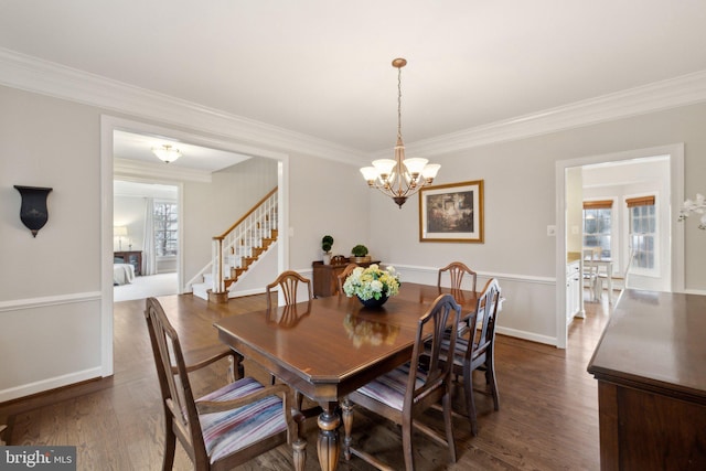 dining area with stairs, dark wood-style flooring, and crown molding