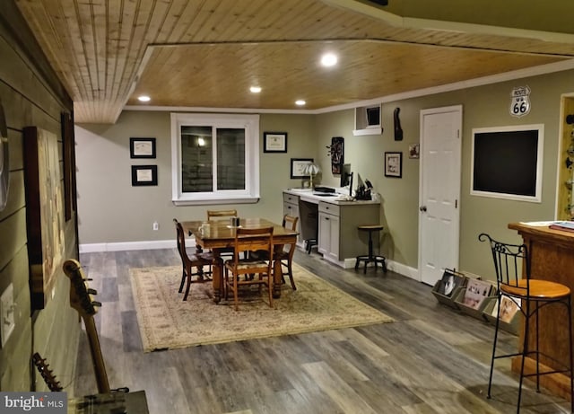 dining area featuring dark wood-type flooring, recessed lighting, wooden ceiling, and baseboards