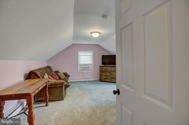 additional living space featuring a baseboard heating unit, carpet, cooling unit, and vaulted ceiling