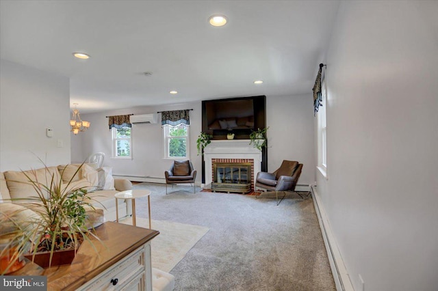 carpeted living room with a fireplace, recessed lighting, a baseboard heating unit, an AC wall unit, and baseboards