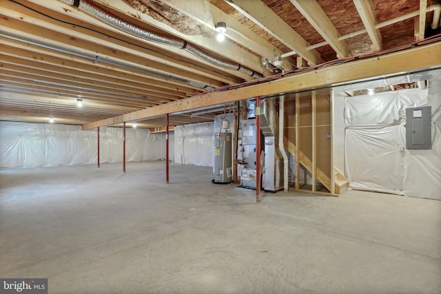 unfinished basement featuring electric panel, heating unit, and water heater