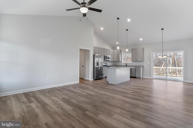 kitchen with a kitchen island, wood finished floors, open floor plan, appliances with stainless steel finishes, and gray cabinets