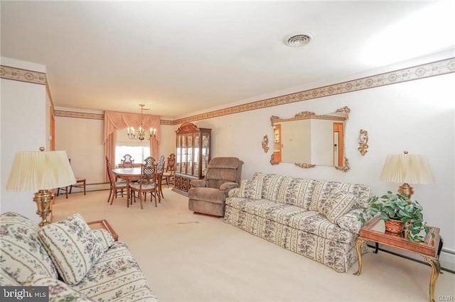 living area with an inviting chandelier, visible vents, and carpet flooring