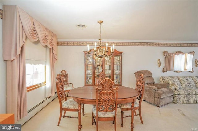 dining space with light carpet, baseboard heating, visible vents, and an inviting chandelier