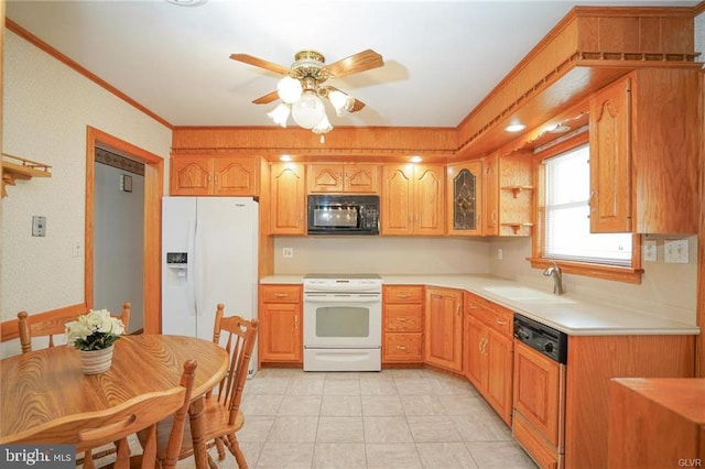 kitchen with crown molding, light countertops, glass insert cabinets, a sink, and white appliances