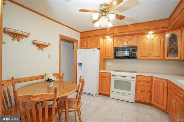 kitchen featuring white appliances, ceiling fan, glass insert cabinets, light countertops, and crown molding