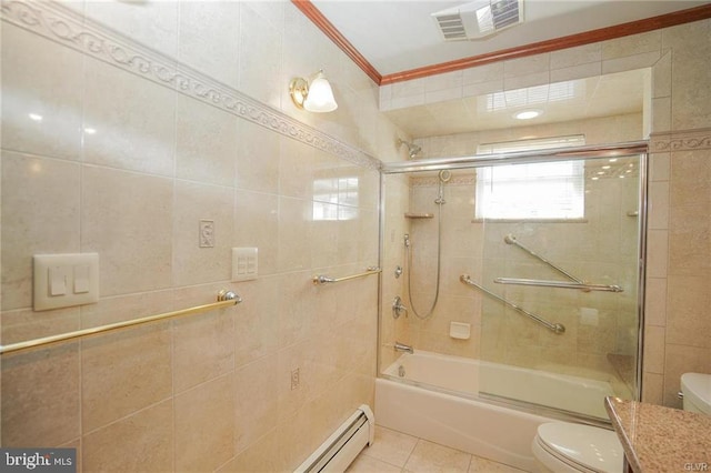 full bathroom with shower / bath combination with glass door, tile walls, visible vents, toilet, and tile patterned flooring