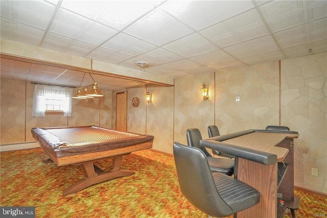 rec room with carpet floors, a baseboard radiator, pool table, and a paneled ceiling