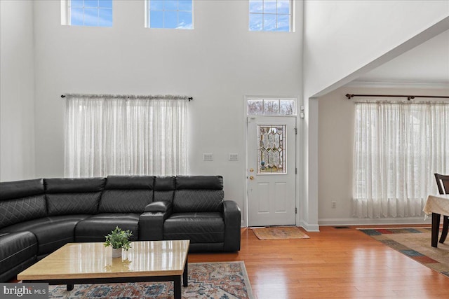 living room featuring ornamental molding, a high ceiling, baseboards, and wood finished floors